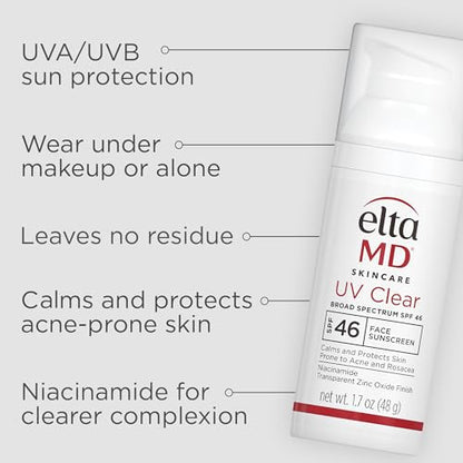 EltaMD UV Clear Face Sunscreen SPF 46, Oil Free Sunscreen with Zinc Oxide, Dermatologist Recommended Sunscreen