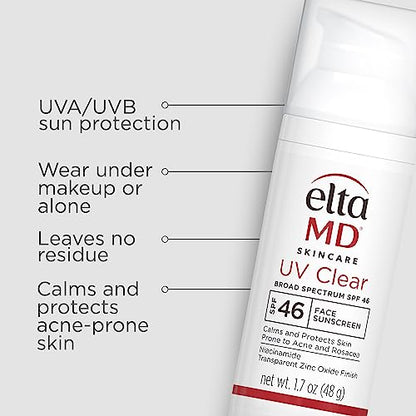 EltaMD UV Clear Face Sunscreen SPF 46, Oil Free Sunscreen with Zinc Oxide, Dermatologist Recommended Sunscreen