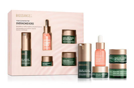 Biossance Overachievers Set. Squalane + Lactic Acid Resurfacing Night Serum Bundle with Travel Size Best Sellers to Hydrate, Exfoliate and Smooth Fine Lines (5 items)_updated